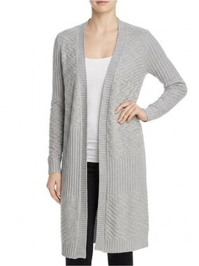 Foxcroft Grey Knit Open Cotton Longline Duster Cardigan, size M